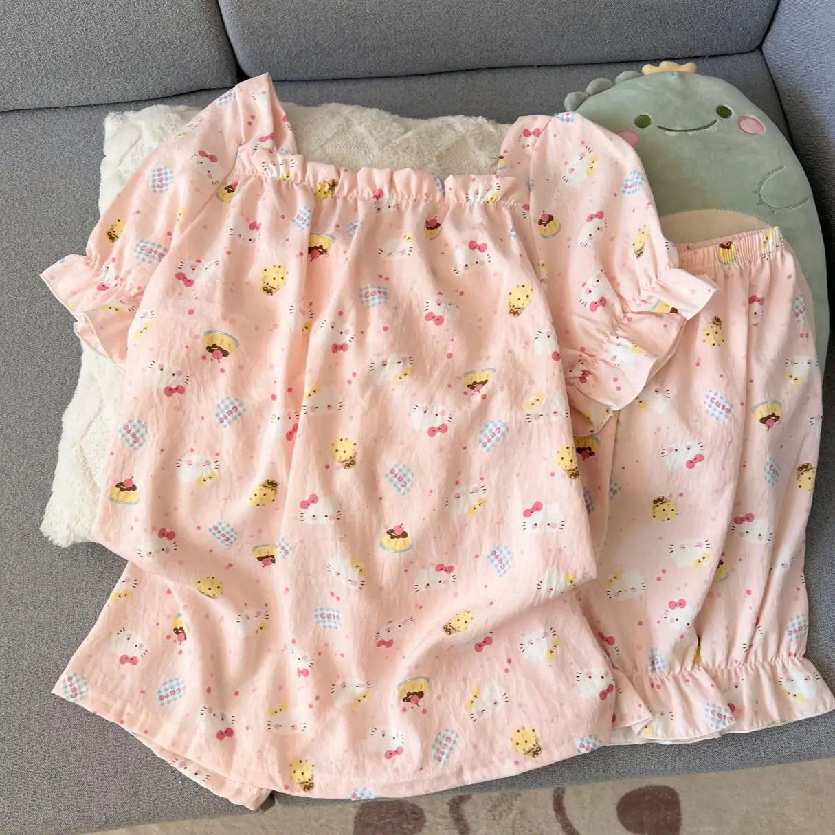 

Хлопковая пижама Sanrio Hello Kitty для женщин, летний пижамный комплект, шорты, одежда для сна с короткими рукавами, ночная рубашка с рисунком Kawaii, домашний костюм