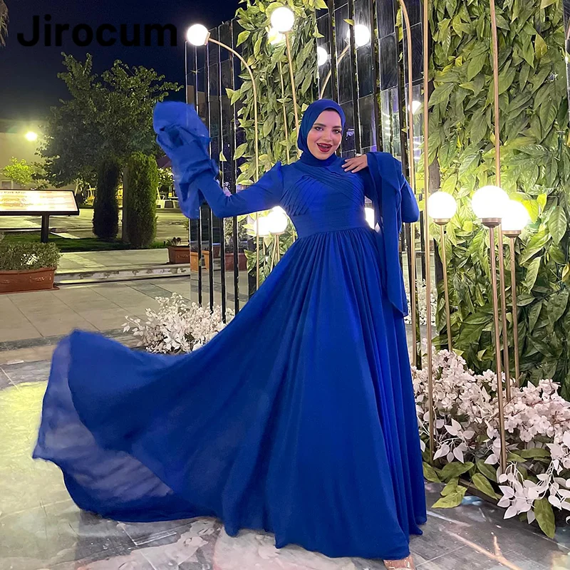 

Jirocum A Line Chiffon Prom Gown Women's High Neck Pleated Muslim Party Evening Dress Plus Size Saudi Special Occasion Dresses