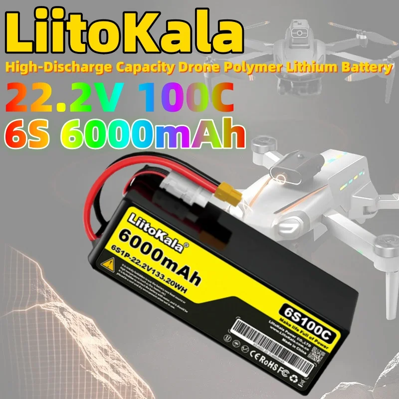 

LiitoKala 22.2V 6000mAh 6S Drone Lithium Polymer Battery 100C Discharge Suitable for Helicopter Model Aircraft High-Rate Dischar
