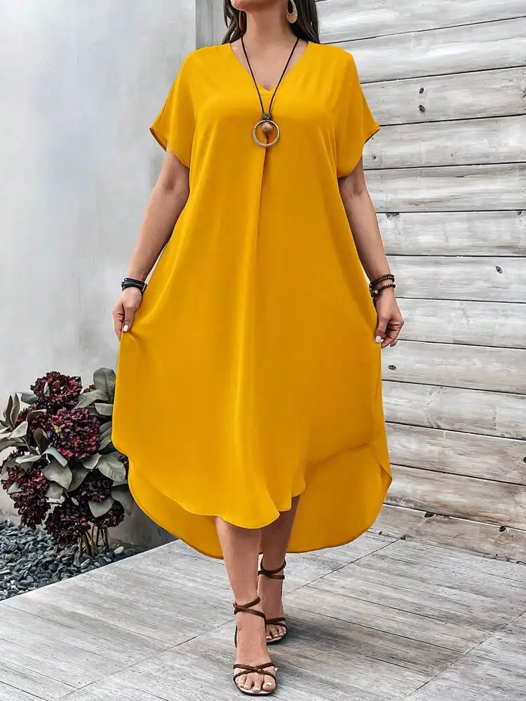 2024 Spring and Summer Cross border European and American New Large Women's Fashion Casual V-neck Dress for Women Plus Size