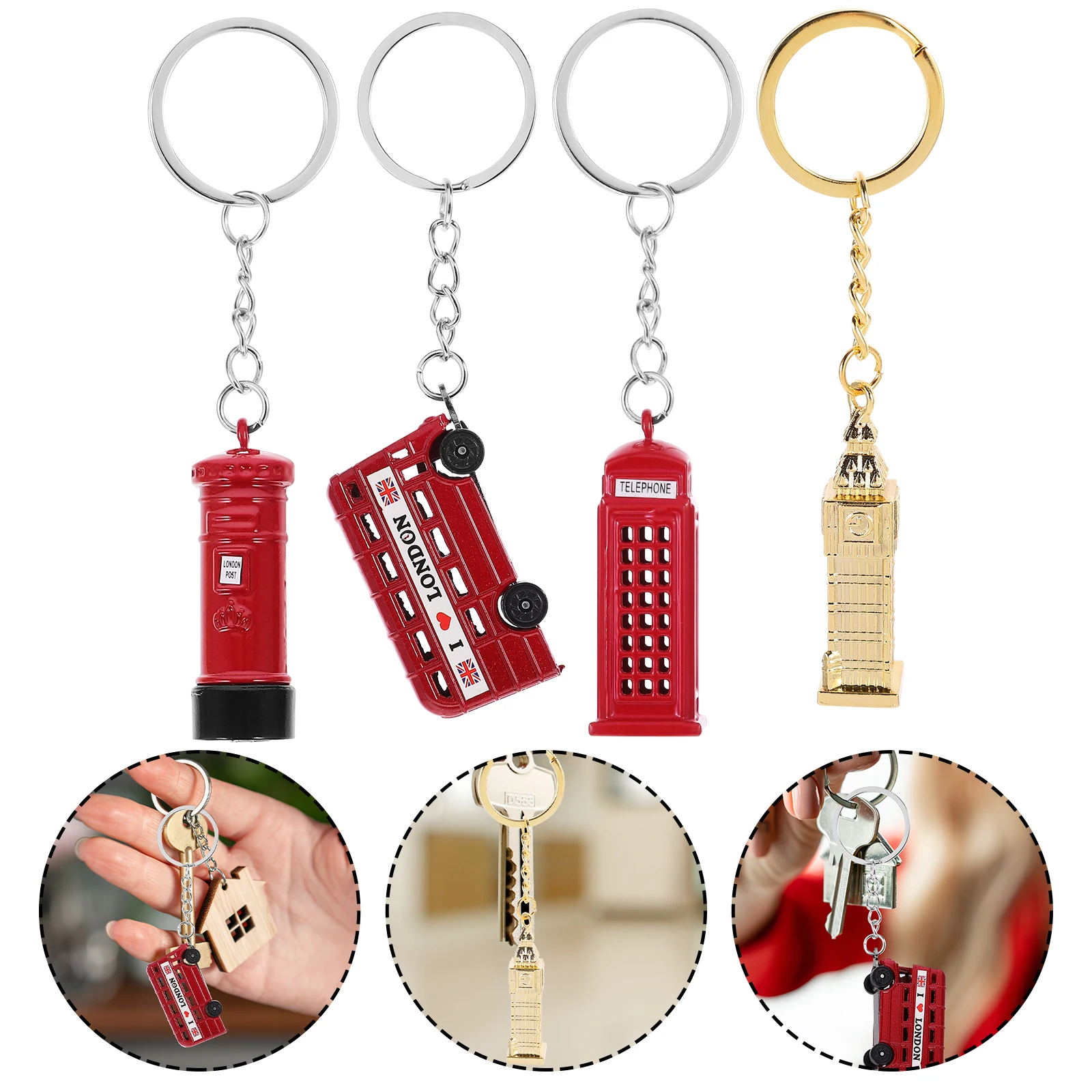 4pcs London Theme Key Chain Set Bus Big Ben Keyring Souvenirs Retro Keychain Telephone Booth Postbox Key Holder Set 2025 NEW