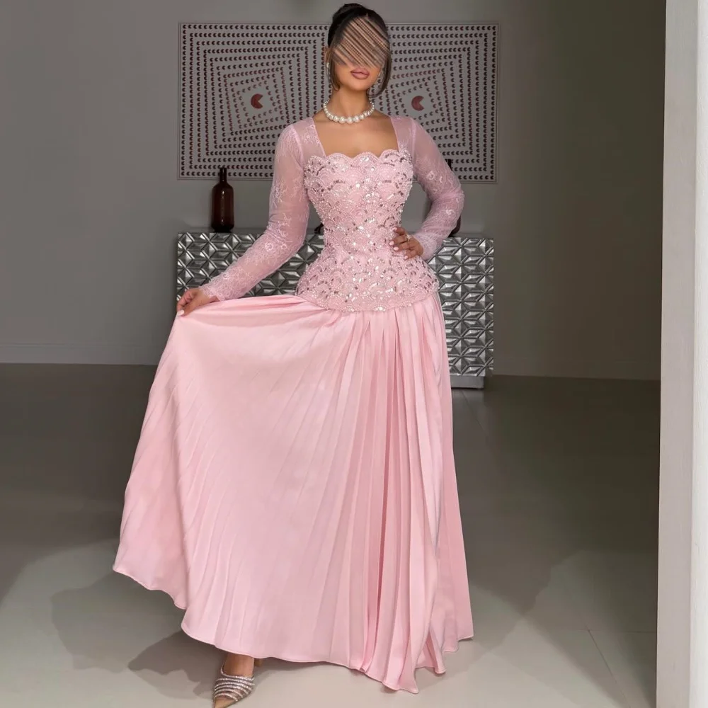 

Customized Pink Intricate Luxury Chiffon Pleat Lace Beading Sequined A-line Square Neck Floor-Length Evening Dresses Retro