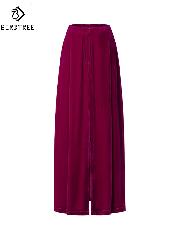 BirdTree, 20%Mulberry Silk Velvet Long Skirts, Women High Waist Slit, Vintage Fashion Commute Skirt, 2024 Autumn Winter B48342QM