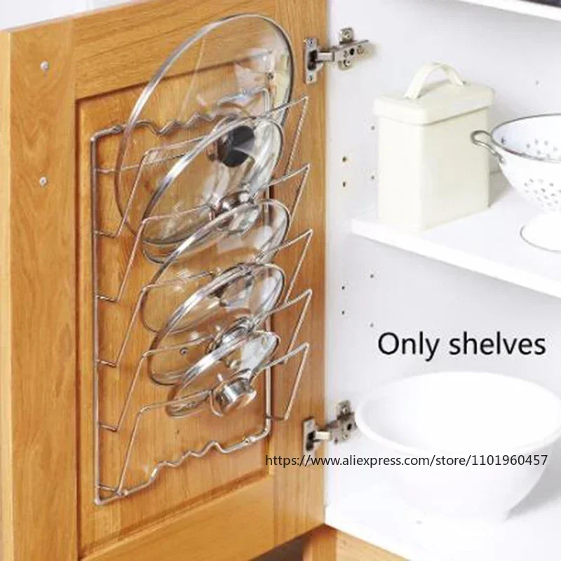 Wall Hanging Anti-fall Metal Drying Pan Pot Rack with Cover Lid, Spoon Holder, Cutting Board, Anti-Slip Base, 5 Layer