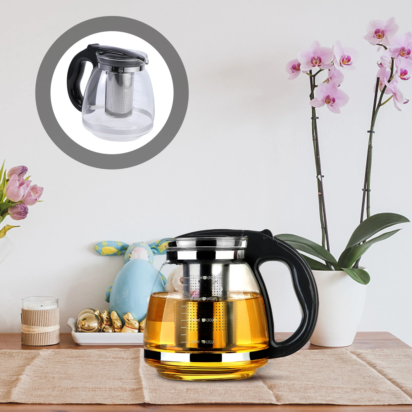 

1Pcs Tea Pot Stainless Steel Filter 1500Ml Heat Resistant Glass Black Elegant Handle Non-Slip Base Suitable for Coffee Tea