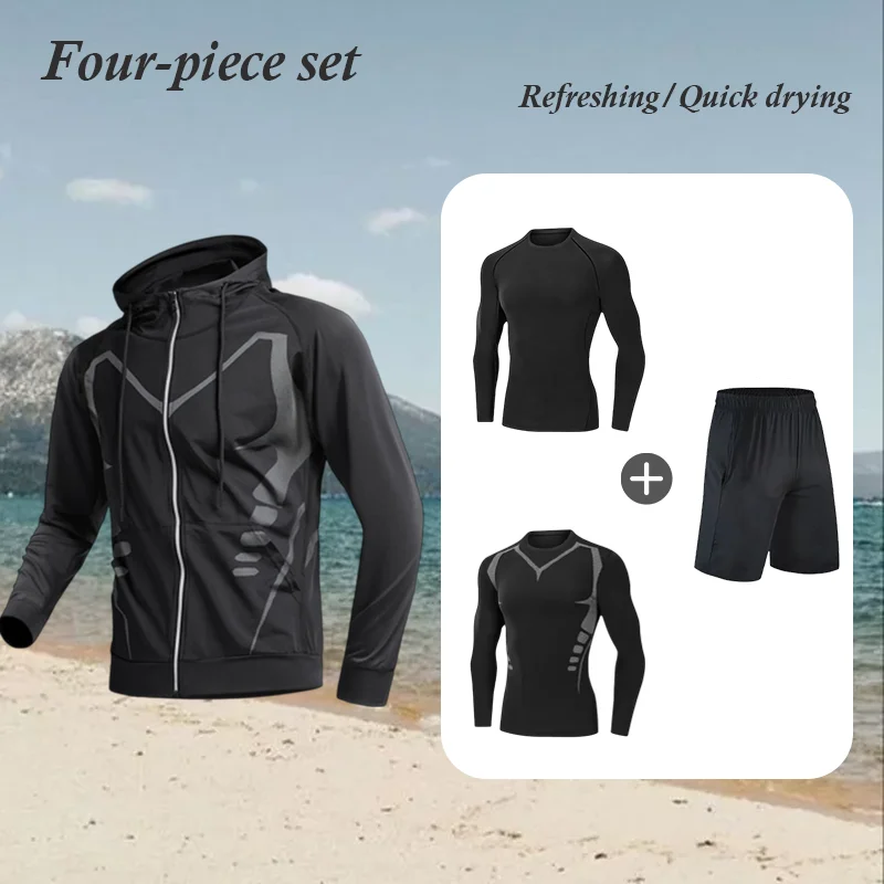 

Мужской спортивный костюм для бега, профессиональный комплект для тренировок, утренних пробежек, велоспорта на открытом воздухе, комплект из четырех предметов, модная одежда для весны и лета