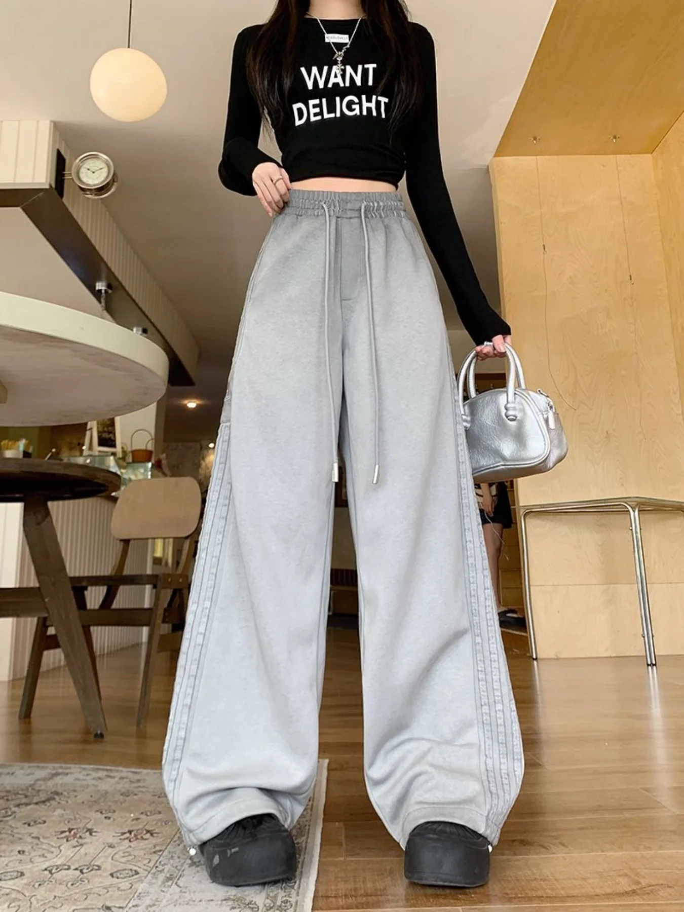 المرأة حجم كبير مخطط السراويل الطويلة الربيع/الخريف فضفاض الشارع الشهير واسعة الساق بنطلون موضة عادية Y2K مستقيم الساق السراويل #5