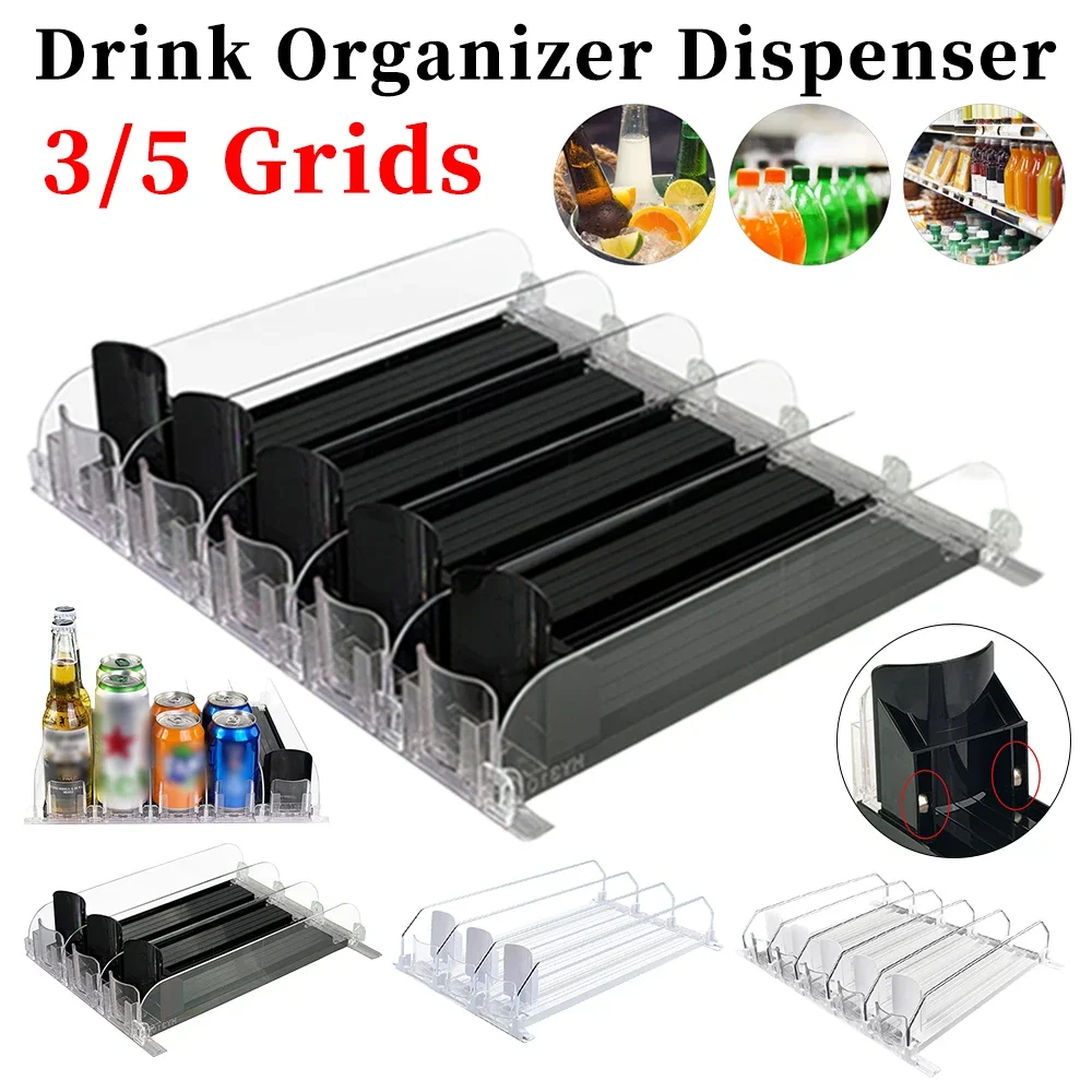 

Canned Beverage Push Rack Drink Organizer Dispenser Spring Push Adjustable Width Storage Shelf E-shaped Glide Kitchen Fridge