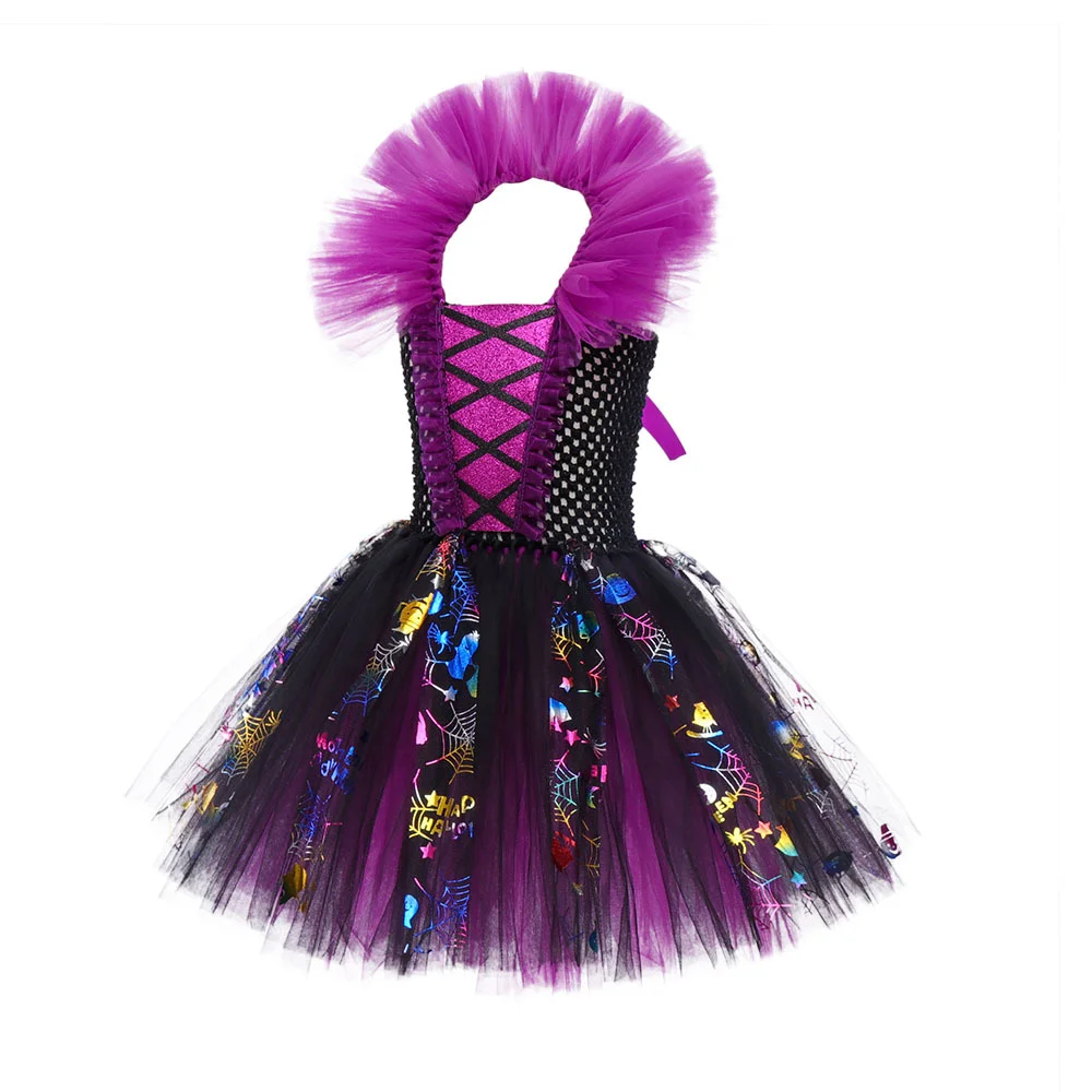 Halloween Carnival Witch Costume for Girls Color Sequin Lace Tutu Knee Dress With Hat Broom Baby Cosplay Party Outfit Led Set