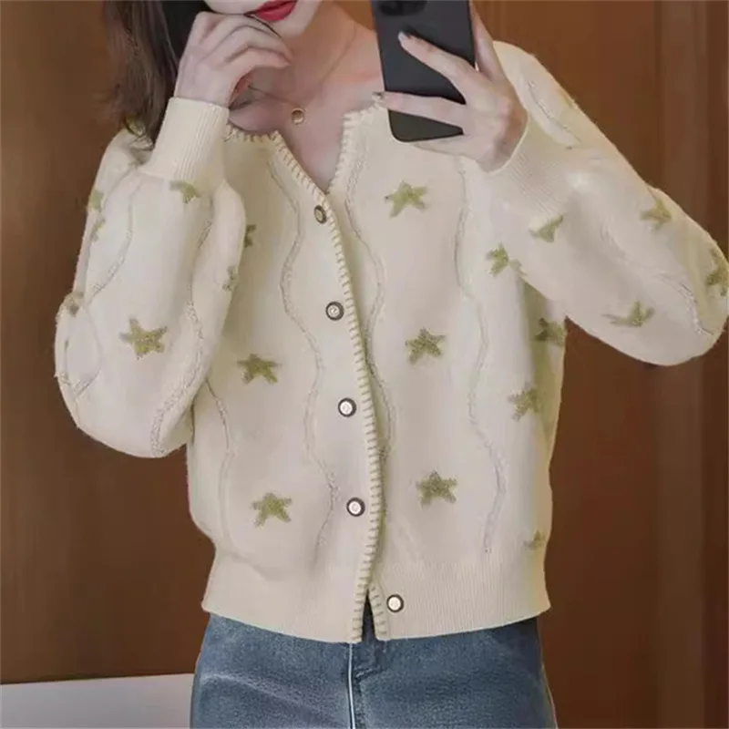 

High Quality Korean Chic V-Neck Knitted Cardigan Sweater For Women Casual Basic Long Sleeve Cardigans Fall Vintage Knitwear Tops
