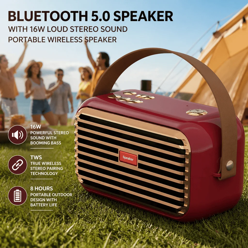 Bluetooth Speaker Portable Wireless 16W Powerful Stereo Sound TWS Pairing Outdoor Speakers With Deep Bass 8 Hours Playtime IPX5 Waterproof Dustproof For Camping Beach Party Travel Home Audio System Music Player Boombox Loud Mini Column Subwoofer