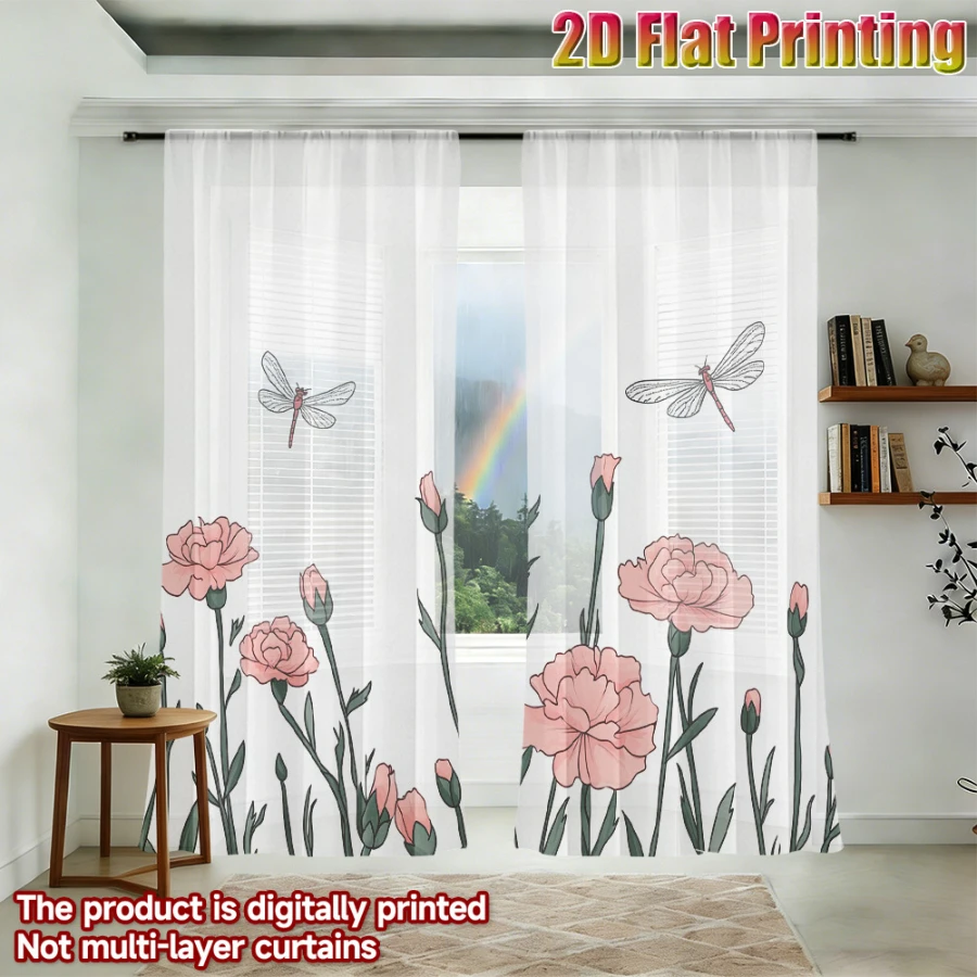 2PCS Digital Printed Sheer Curtain, Dragonfly Flower Story, Whimsical Nature Garden Tale for Living Room Bedroom Home Decor
