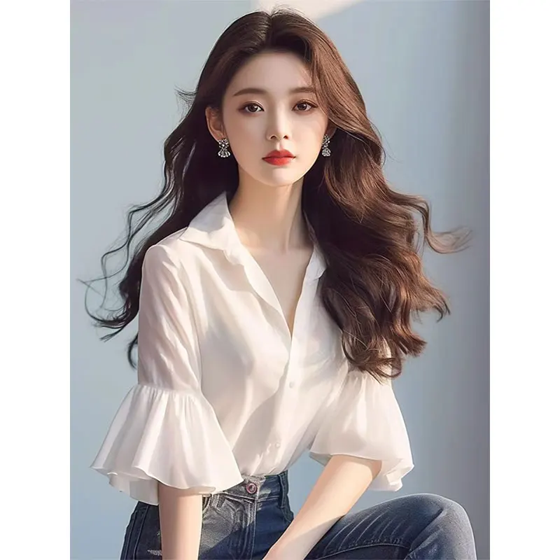 Women Clothes Casual Fashion Simplicity White Butterfly Sleeve Shirts Women's Summer Trend All-match Elegant Temperament Tops