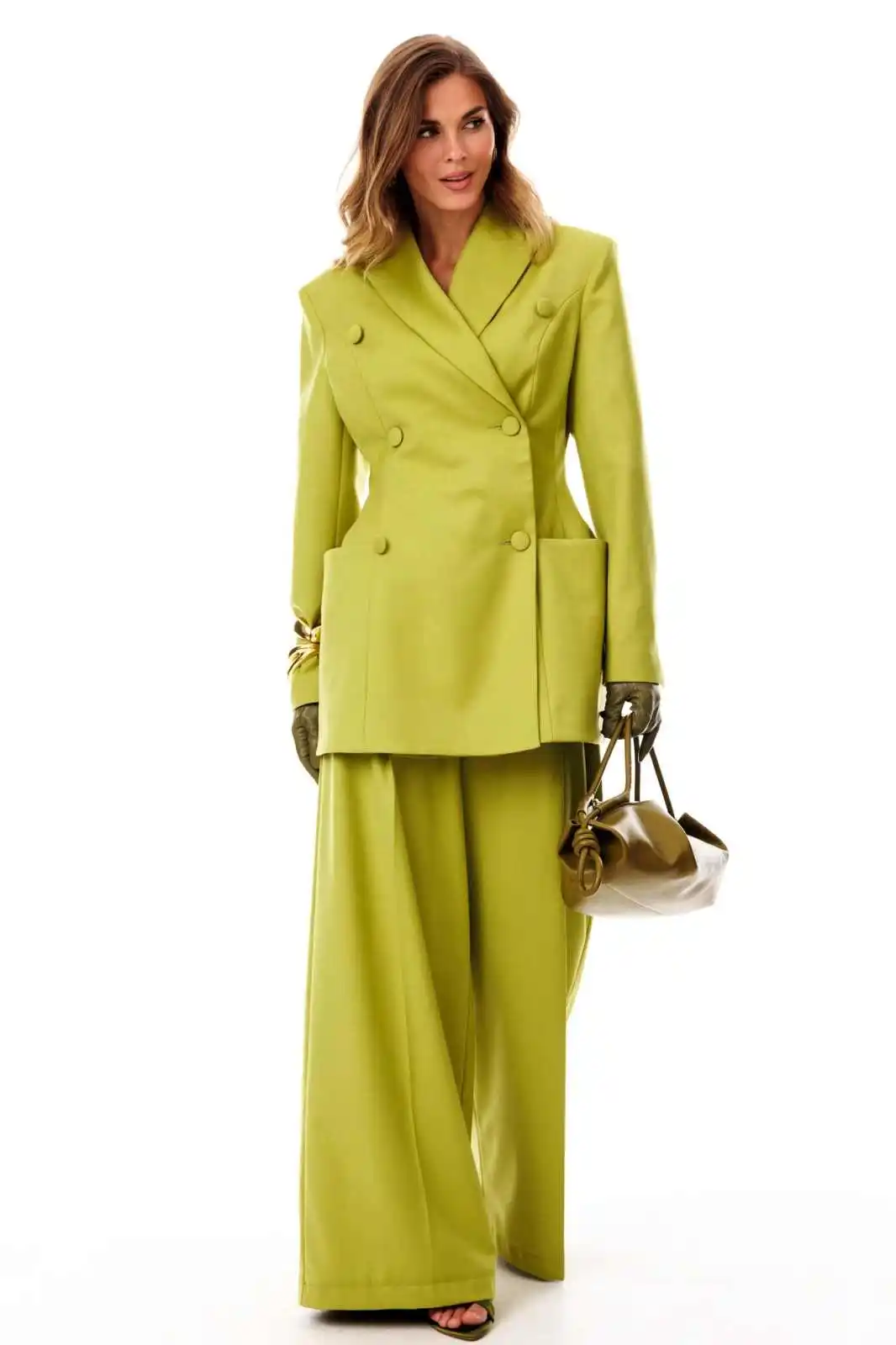 Stylish Ladies 2‑Piece Set Notched Lapel Double Breasted Slim Waist Blazer Wide Leg Trousers Office Business Suit Outfit Custom