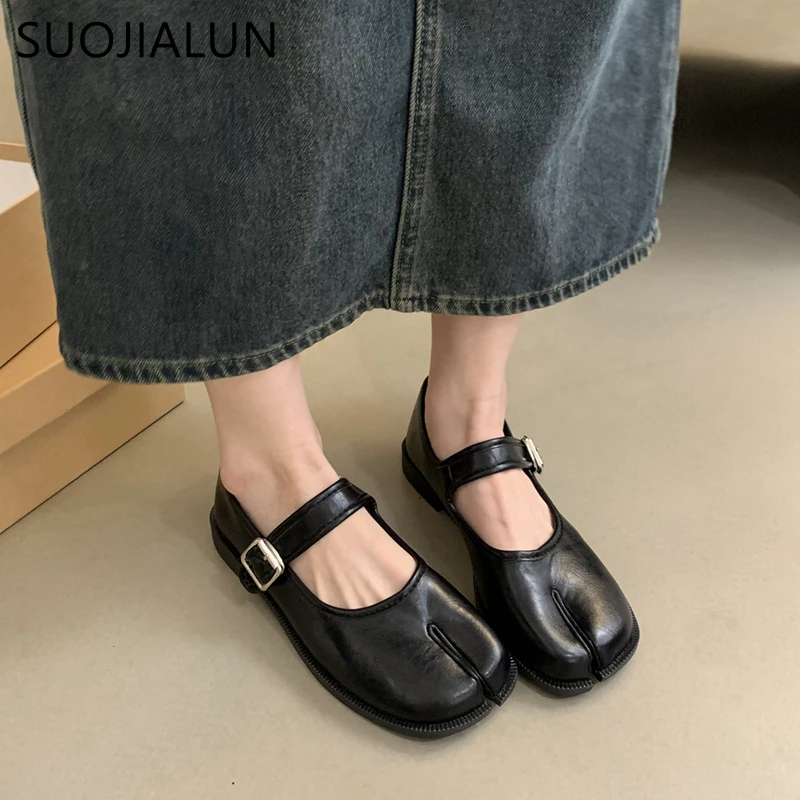 SUOJIALUN Autumn Women Flat Shoes Fashion Split Toe Flat Heel Laofer Shoes Shallow Soft Leather Casual Outdoor Mary Jane Shoes