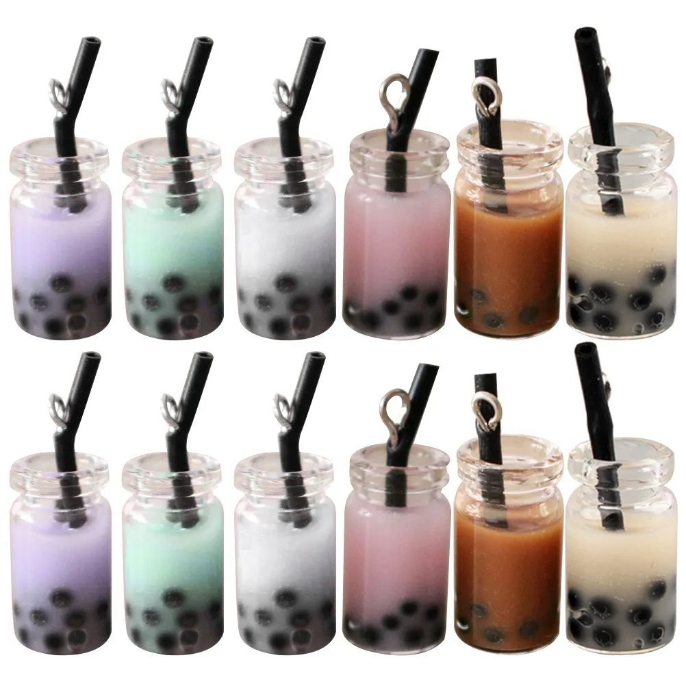 20Pcs Simulated Milk Tea Cup Pendant Key Ring Resin Material Random Color Black Straw Creative DIY Accessories Photo Props
