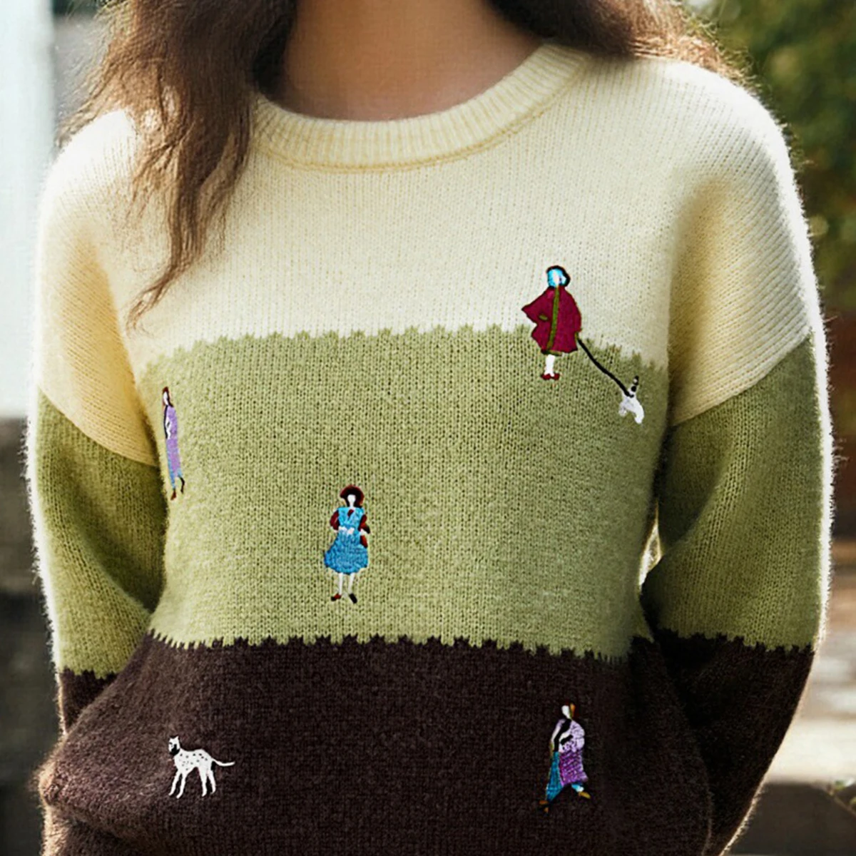 OLrain المرأة متماسكة سترة 2025 الخريف كتلة اللون المطرزة س الرقبة طويلة الأكمام البلوز نمط غير رسمي كسول O57DM002331