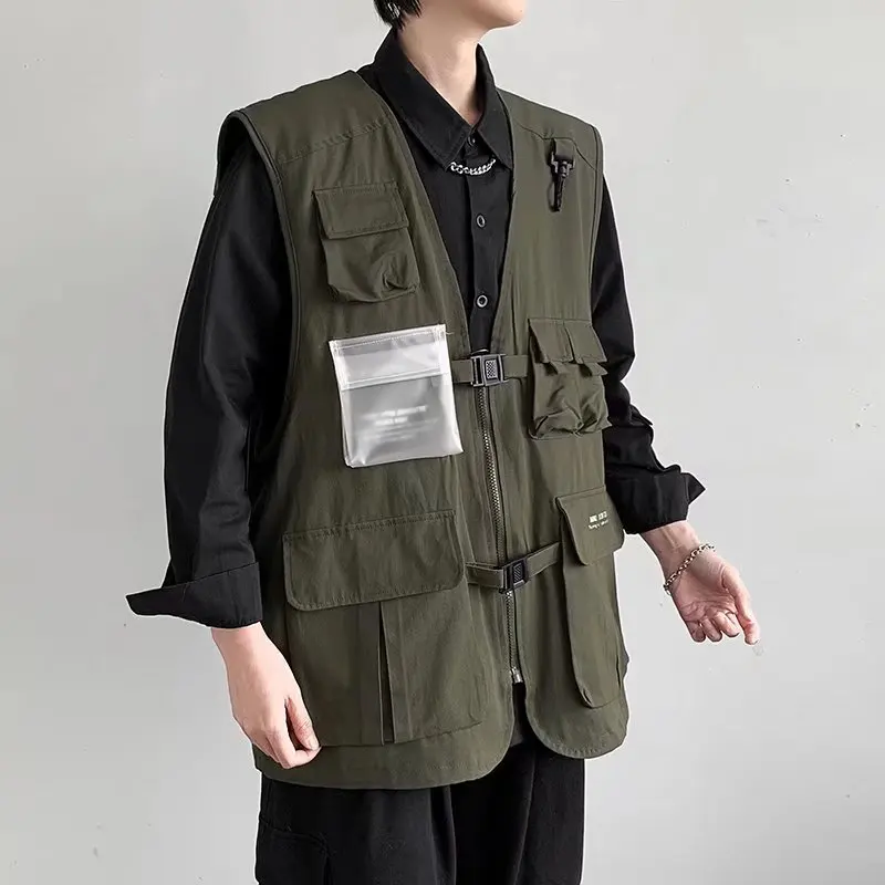 

Sleeveless Vest Men Summer New Korean Casual Loose Solid Multi-Pockets Tops Fashion Versatile Black Handsome Workwear Coat