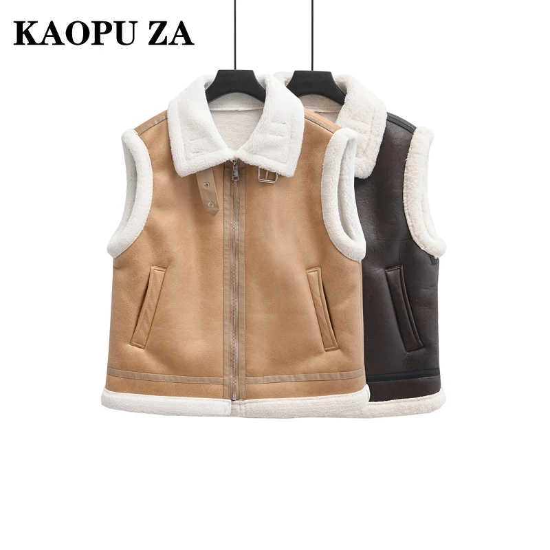 KAOPU ZA 2024 Autumn New Woman Sophisticated Sleeveless Fleece Top Vest Trendy Woman's Turn-down Collar Gilet Waistcoat zipper