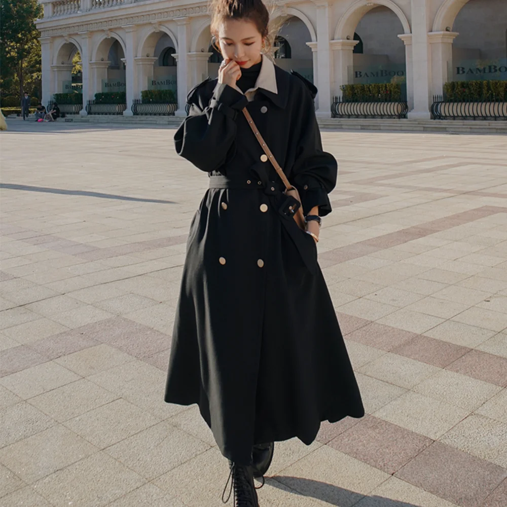 

Fashion Elegant Black Trench Coat 2023 AutumnNew Loose Double-Breasted Temperament Hepburn Long Overcoat Jacket With Belt