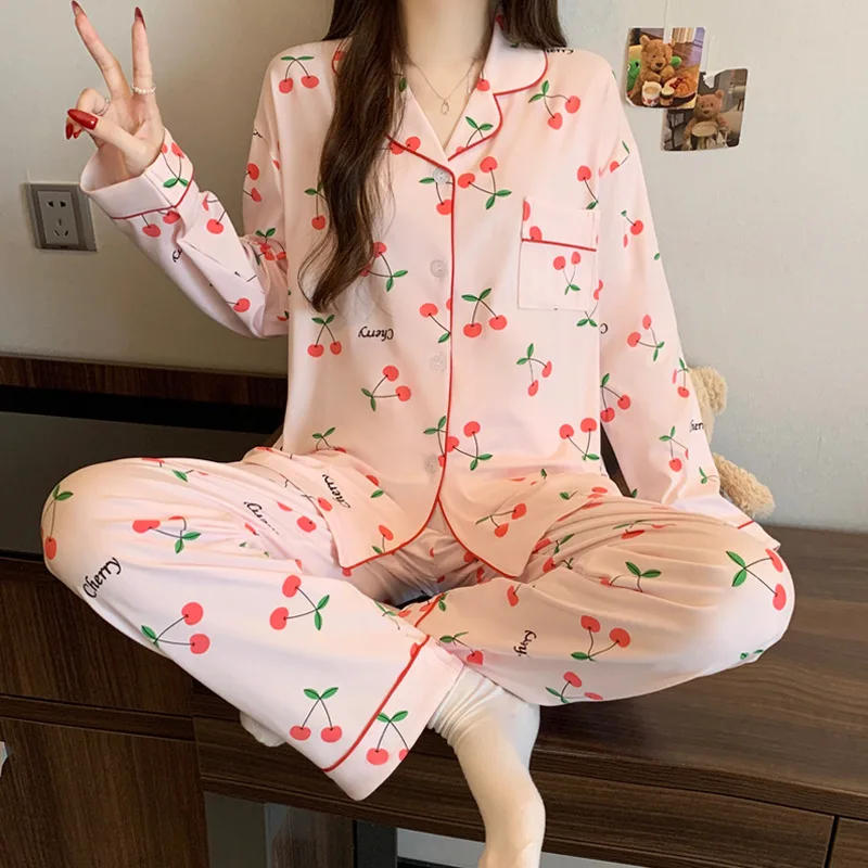 

Women's Hot Selling Long Sleeved Sleepwear Home Suit Set for Spring Pink Cherry Loose Collared Long Sleeved Pants Sleepwear Set