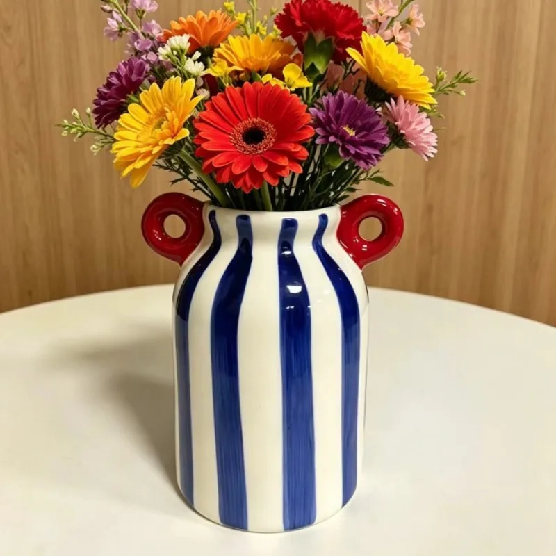 Double Eared Ceramic Striped Vase, Hand-painted Small Decorative Vase, Pampas Grass, Wide Mouthed Flower Bud Vase