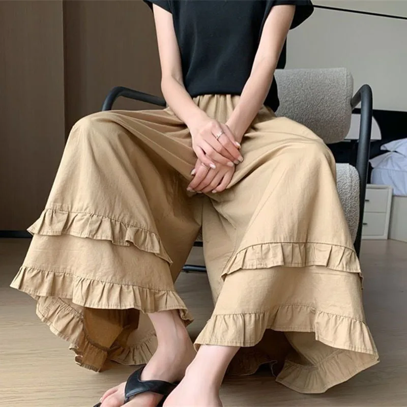 Cute Casual High Waist Casual Pants Splicing In Summer Flower Edge Design Sweet Loose And Slim Nine-Point Wide-Leg Pants