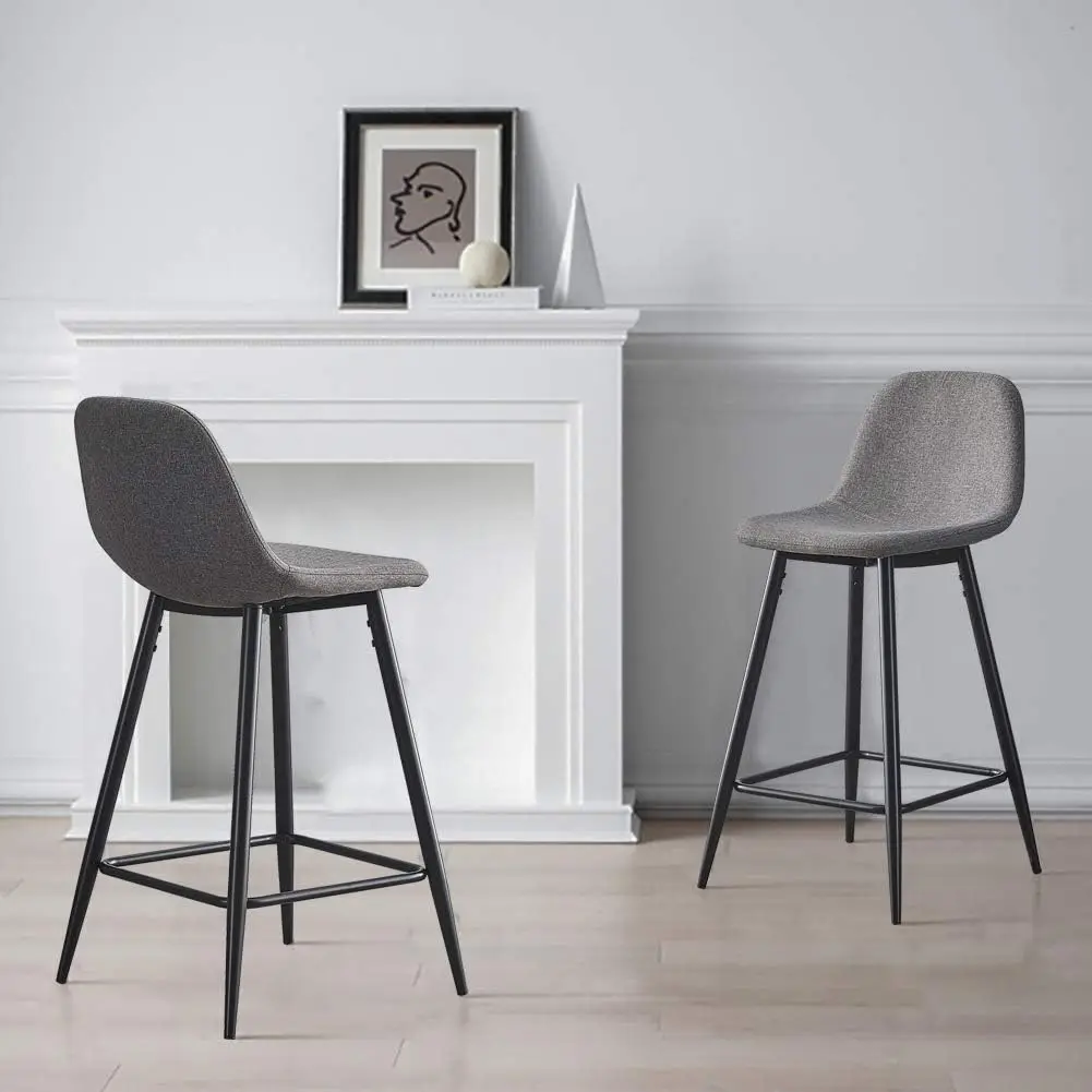 Tecido de linho Bar Stools Set, balcão altura Bar Stool com costas, pernas de metal resistentes, apoio para os pés, cadeiras de cozinha para casa, conjunto de 2, 26 in