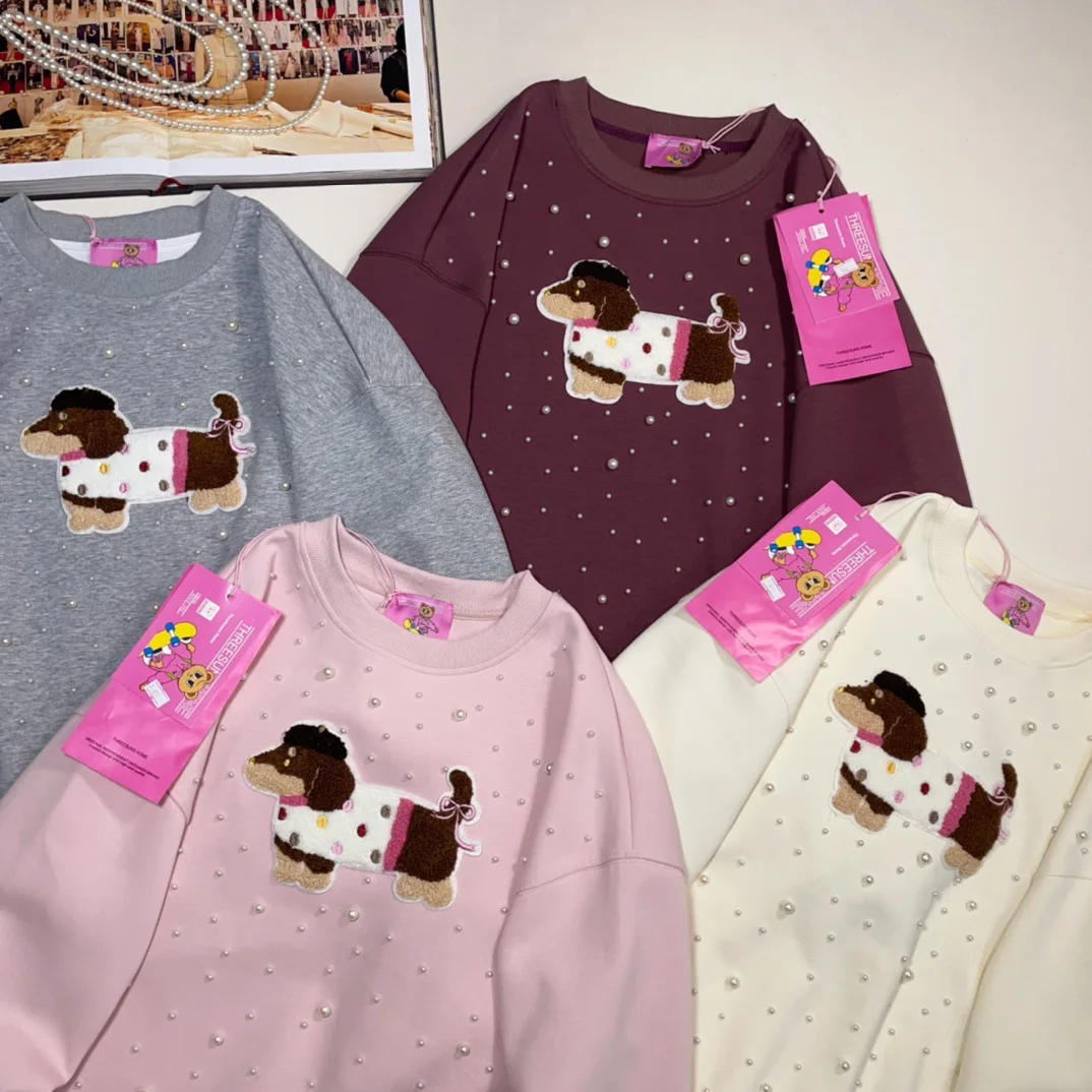 Autumn New Korean Loose Sweatshirts Women Original Design Heavy Industry Beads Towel Embroidered Puppy Patch Round Neck Tops