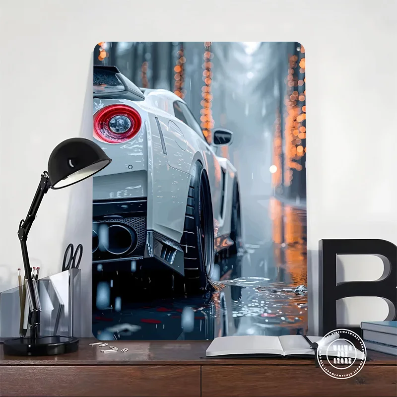 White Sports in Rainy Cityscape Car Tinplate Poster Custom Wall Art Vintage Metal Signs Retro Tin Plaque for Setup Decorations