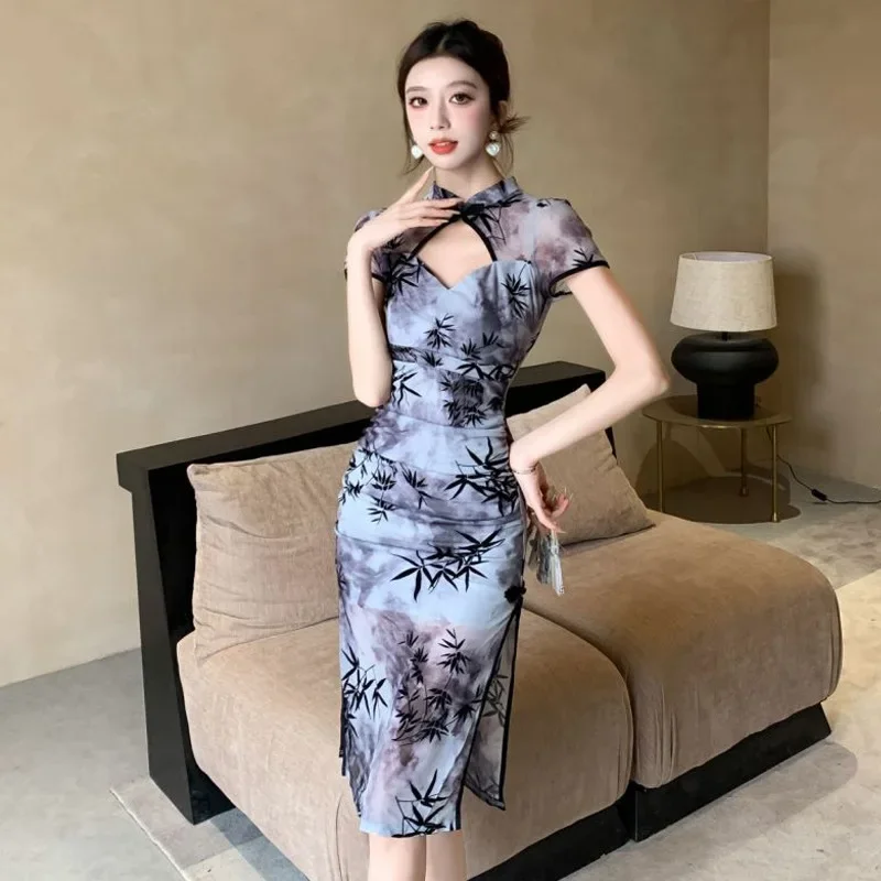 

Китайское традиционное длинное вечернее платье, элегантное винтажное платье Cheongsam с принтом, женское Ципао, сексуальное тонкое платье с воротником-стойкой, Vestidos