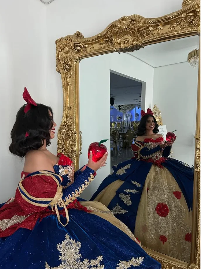 Abiti Quinceanera da principessa vittoriana blu royal oro scintillanti con spalle scoperte Corsetto Gillter abiti da 15 anni personalizzati