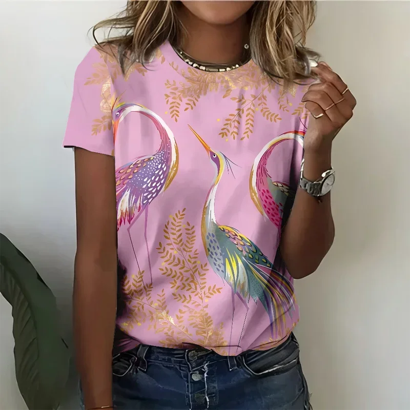 

Elegant crane and golden leaf women's T-shirt casual fashionable loose and comfortable pink short sleeve