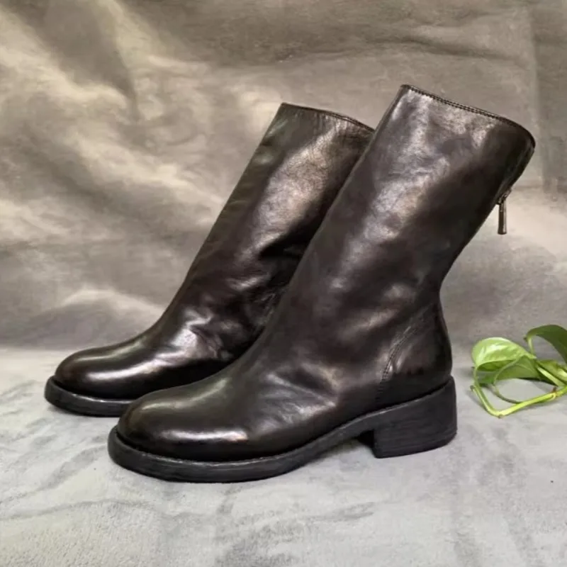 

Handmade Men High Top Boots Genuine Leather Back Zipper Mid Calf Knight Boots Outdoor Work Shoes Youth Model Fashion Boots