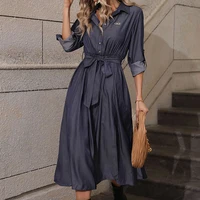 Vestido largo femenino clásico 2023 nuevos bolsillos para ir al trabajo vestido suelto grande Swing elegante Casual Vintage Oficina señora vestido largo con cordones