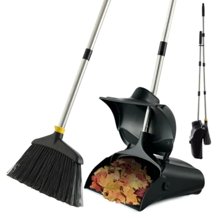 

Outdoor Broom and Dustpan Set with Long Handle Heavy Duty Upright Standing Dust Pan with Windbreak Cover and Broom Combo for Sw