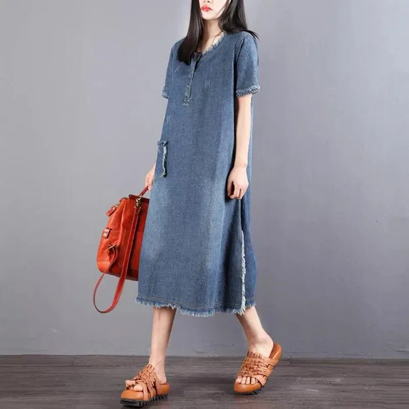 Fashion Rough Selvedge Denim Dress Female Summer Autumn New 2024 Korean Round Neck Pocket Long Sleeve Women Dress Vestidos B467