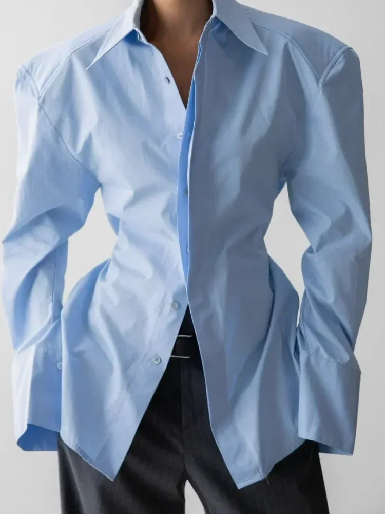 

Fashion Single Breasted Shirt Long Sleeve Button Solid Lapel Collar Waisted Blouse Lady Office Date Outing Commute Top 2026