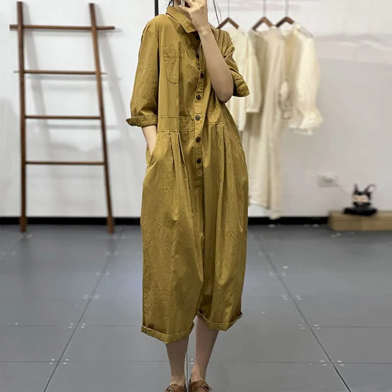 Solid Jumpsuits Women Loose Workwear Quarter Sleeve Playsuits Safari Style One Piece Outfits Women Casual Overalls Harem Pants