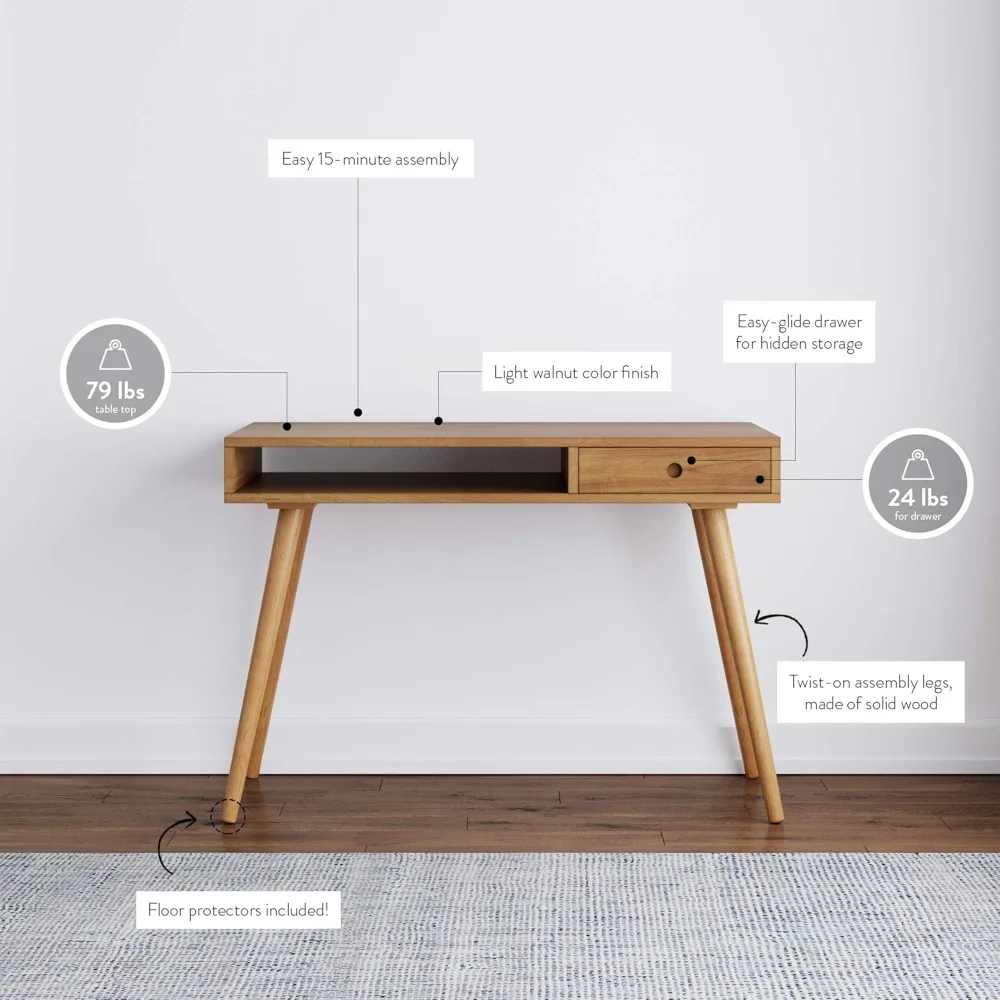 Scrivania contemporanea per ufficio domestico in noce con cucciolo portaoggetti e cassetto compatto per scrivere, computer o laptop