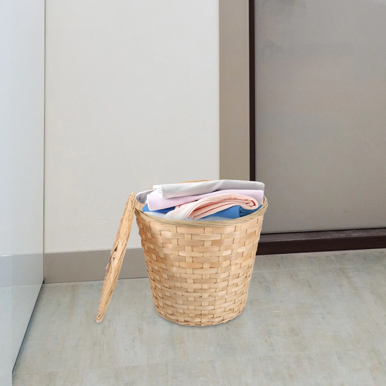 

Bamboo Woven Basket 25cm 24cm H 20cm Bottom with Lid for Kitchen Fruit Toy Storage Trash Home Organization