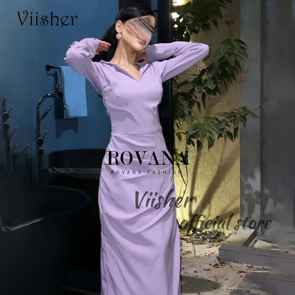 Lavendel Satin Meerjungfrau Abendkleider Langarm V-Ausschnitt Arabisch Dubai Prom Party Kleid knöchel lange formelle Anlass Kleider