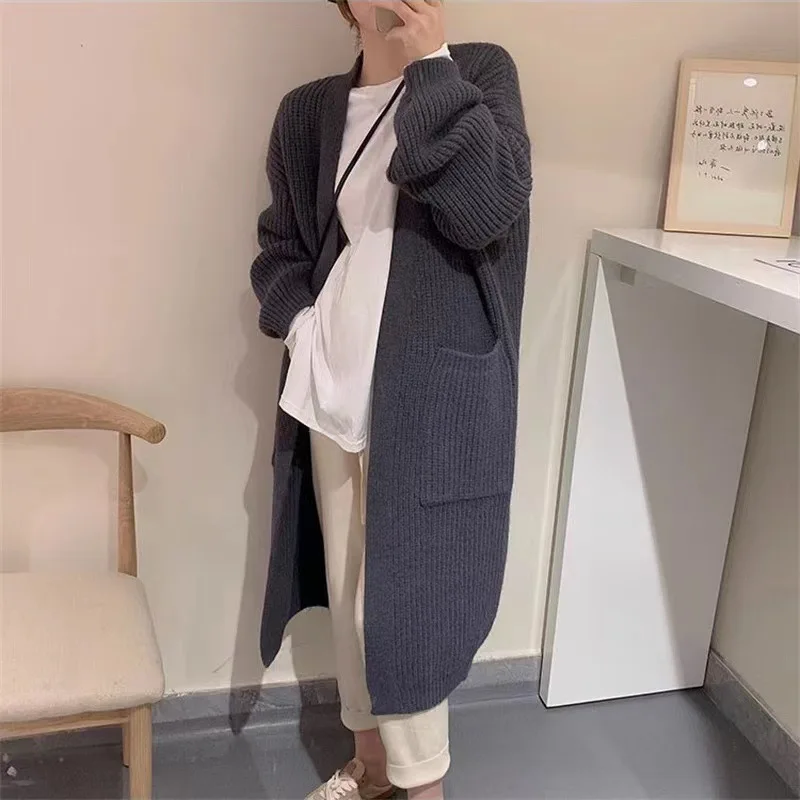 Pocket Design Cardigan Women Knitted Medium length V-neck Long Sleeved Thick Coat Jacket Female Sweater Cardigan Autumn Winter