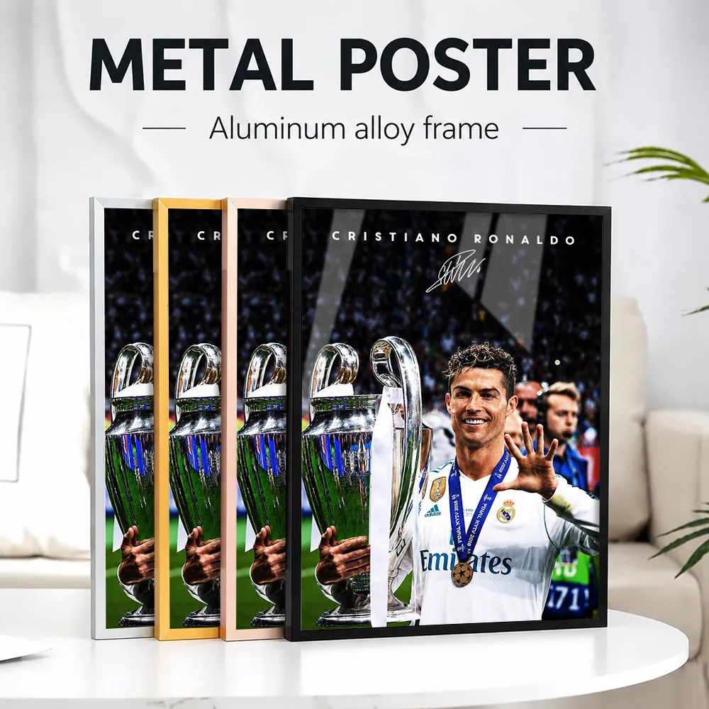 Cristiano Ronaldo Featuring Champions League Trophy Framed Metal Print Personalized Photo Victory Style Wall Art For Bedroom