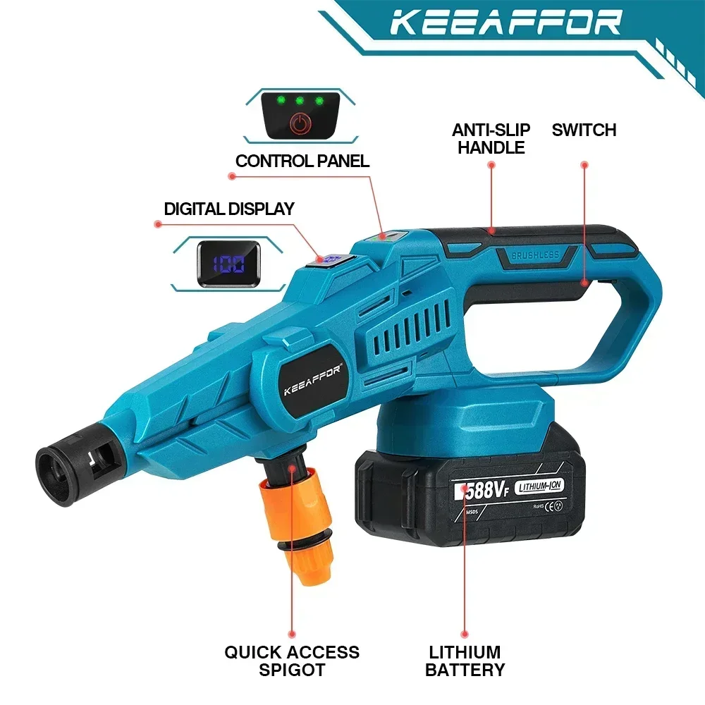 KEEAFFOR 250Bar 3500W Brushless High Pressure Water Gun 6-in 1 Cordless Rechargeable Car Washing Gun for Makita 18V Battery