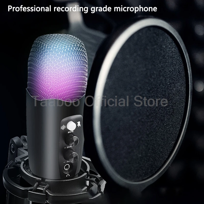 

USB Wired Microphone Handheld Condenser Sound Recording Microphone Computer Gaming Mic with RGB Light for Live Singing Broadcast