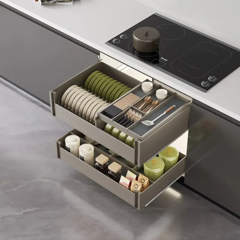 Aluminum Alloy Double Layer Dish Drying Rack with Quick Release Track Kitchen Storage Basket for Plates and Utensils