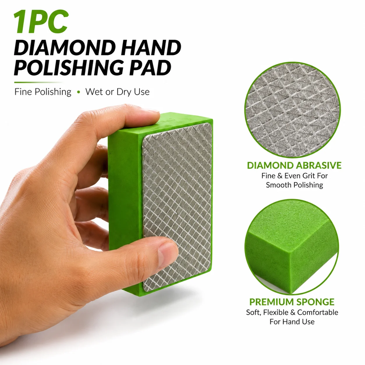 400 Grit Diamond Hand Polishing Pad, Foam‑Backed Handheld Abrasive Block for Fine Polishing Glass Tile Metal Wood Edge Finishing