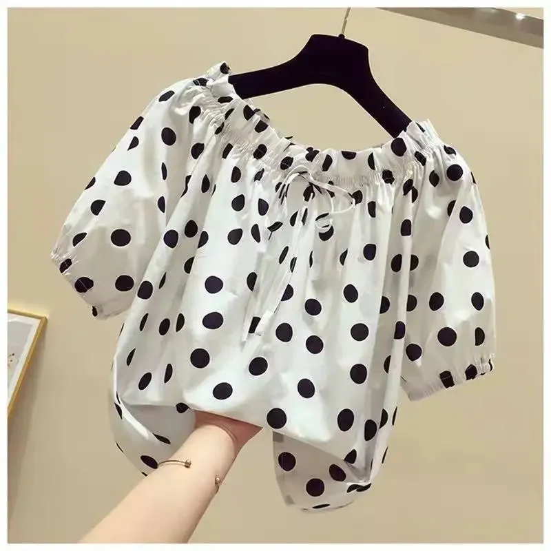 

Sweet Slash Neck Lace Up Bow Folds Polka Dot Blouse Women's Clothing Spring New Casual Pullovers Chiffon Office Lady Shirt X805