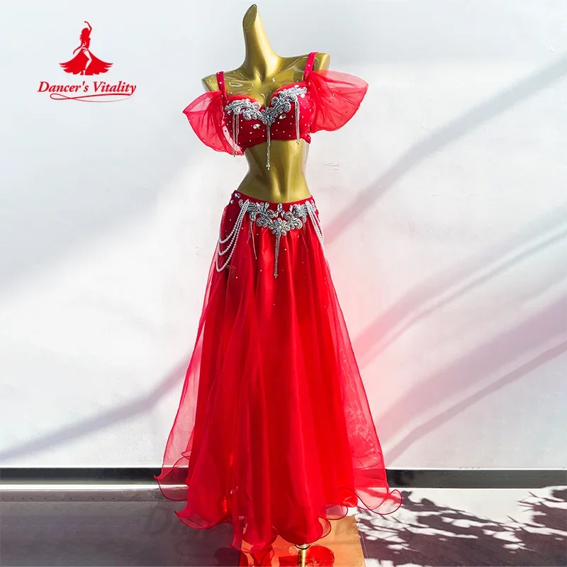 BellyDance Performance Set Women Customized AB Stones Tassel Bra+Sexy Split Long Skirt 2pcs Oriental Dance Competition Costume